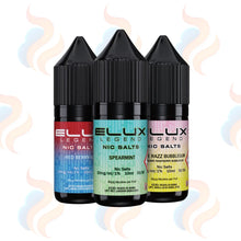 Three bottles of Elux Legend Nic Salts on a white background with colourful smoke effects.
