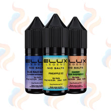 Three bottles of Elux Legend 5mg Nic Salts on a white background with smoke effects.