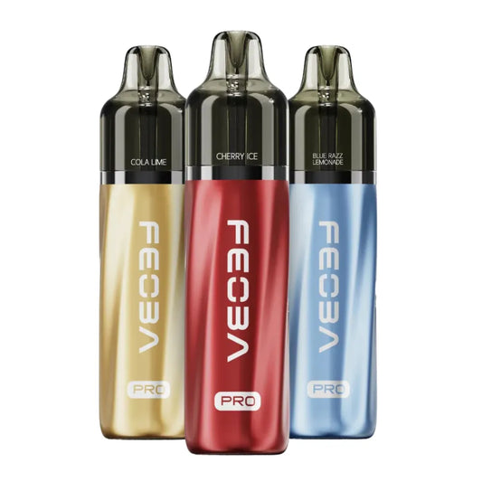 Three Feoba vape devices in gold, red, and blue on a white background