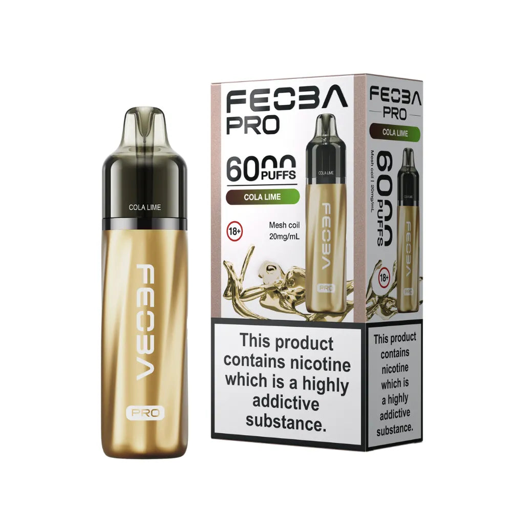 Gold vape device with 'Feoba Pro' branding and packaging on a white background