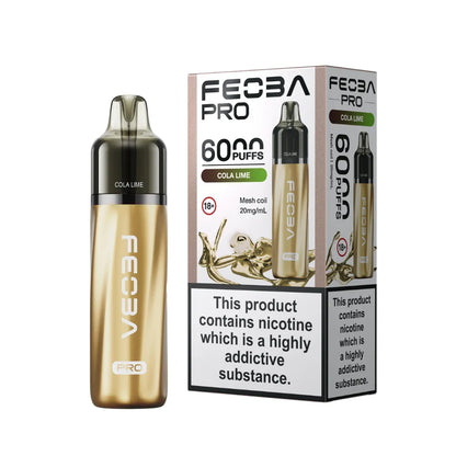 Gold vape device with 'Feoba Pro' branding and packaging on a white background