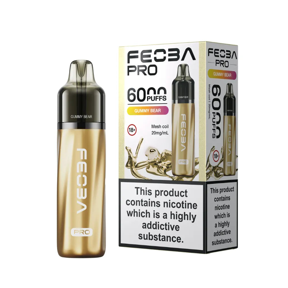 Gold FEOBA Pro vape device with packaging on a white background