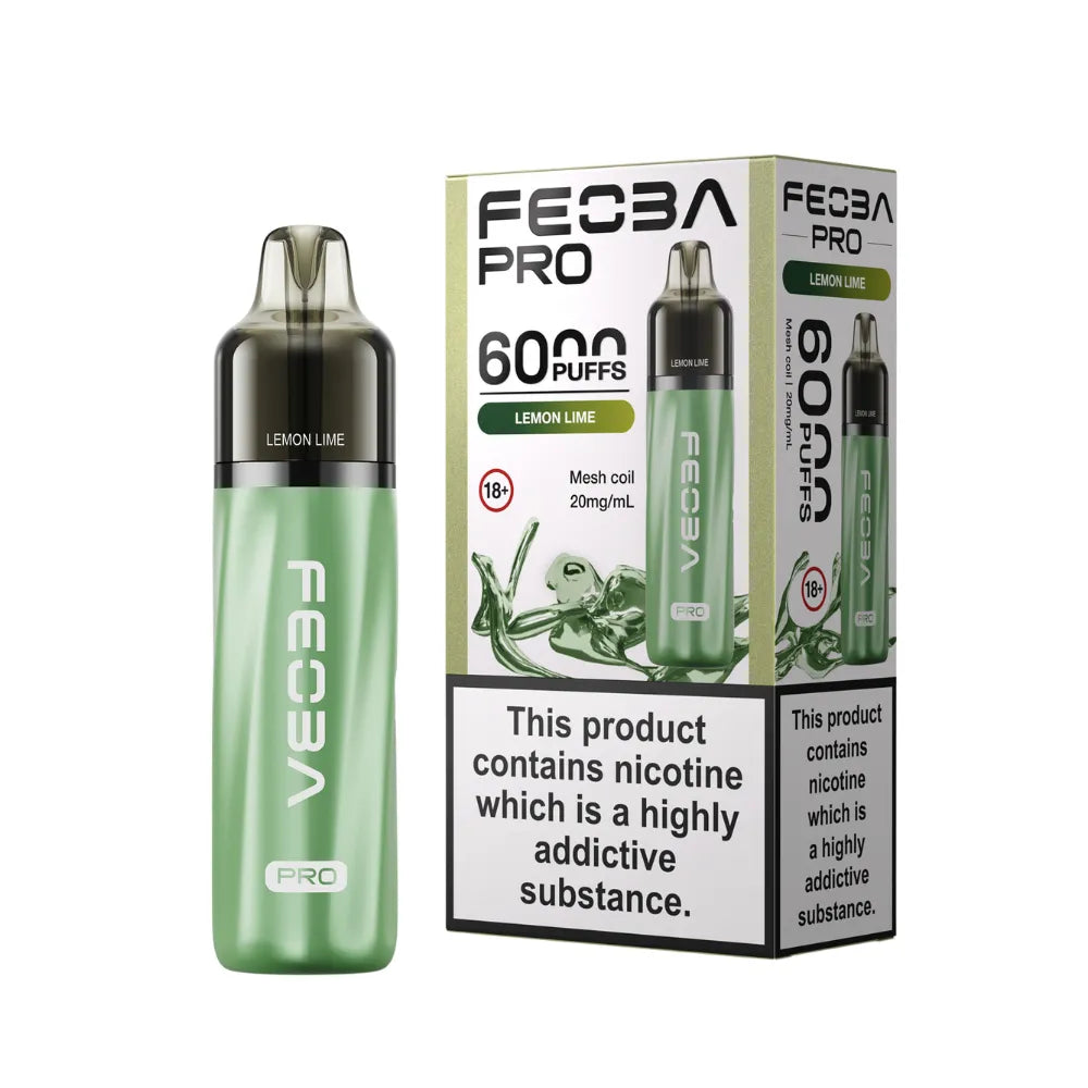 Green vape device with 'feoba' branding and packaging on a white background