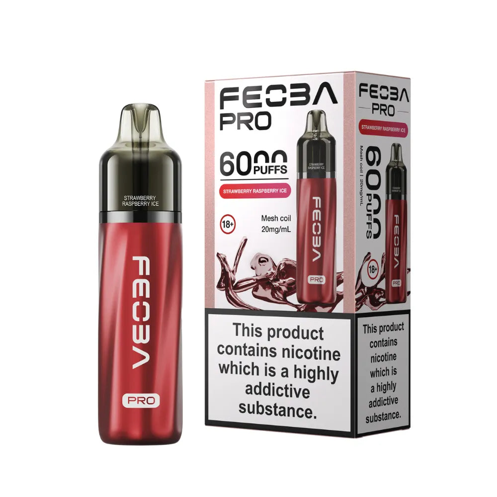 Red FEOBA Pro vape device with packaging on a white background