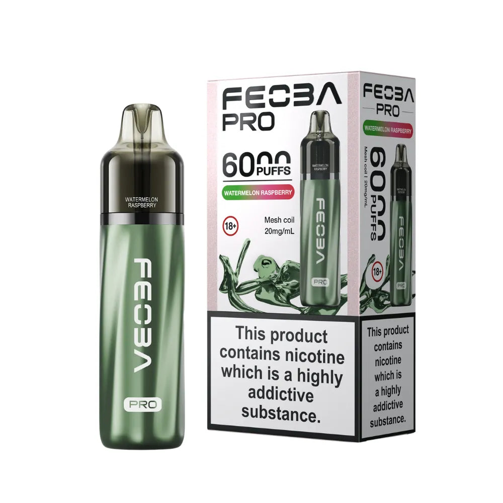 Green vape device with 'Feoba Pro' branding and packaging on a white background
