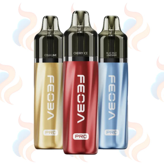 Three Feoba vape devices in gold, red, and blue on a white background with decorative swirls.
