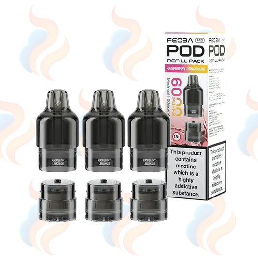 Three Feoba Pro 6000 vape refill pods with packaging on a white background.
