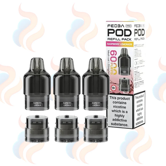 Three Feoba Pro 6000 vape refill pods with packaging on a white background.