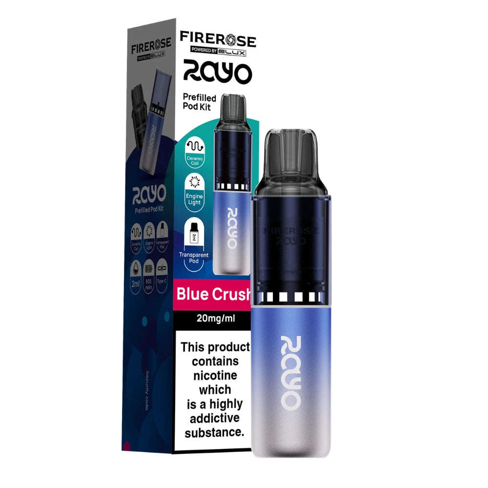 Elux Firerose Rayo vape kit in "Blue Crush" flavour beside colourful packaging on a white background.