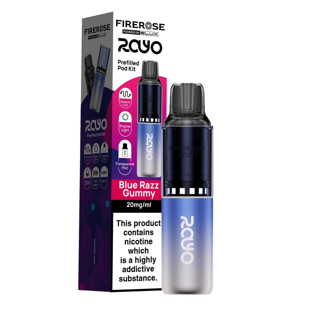 Elux Firerose Rayo vape kit in "Blue Razz Gummy" flavour beside colourful packaging on a white background.
