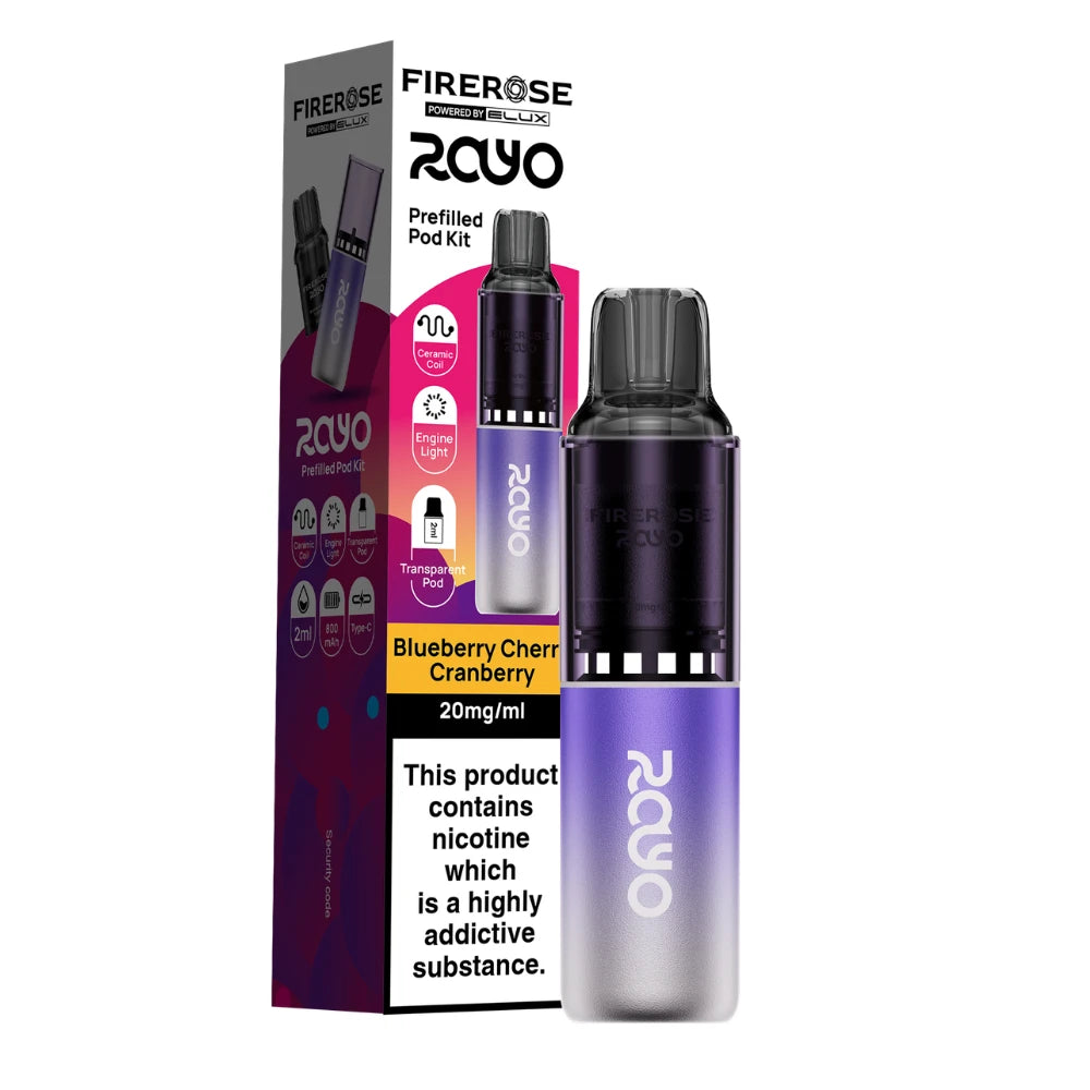 Elux Firerose Rayo vape kit in "Blueberry Cherry Cranberry" flavour beside colourful packaging on a white background.