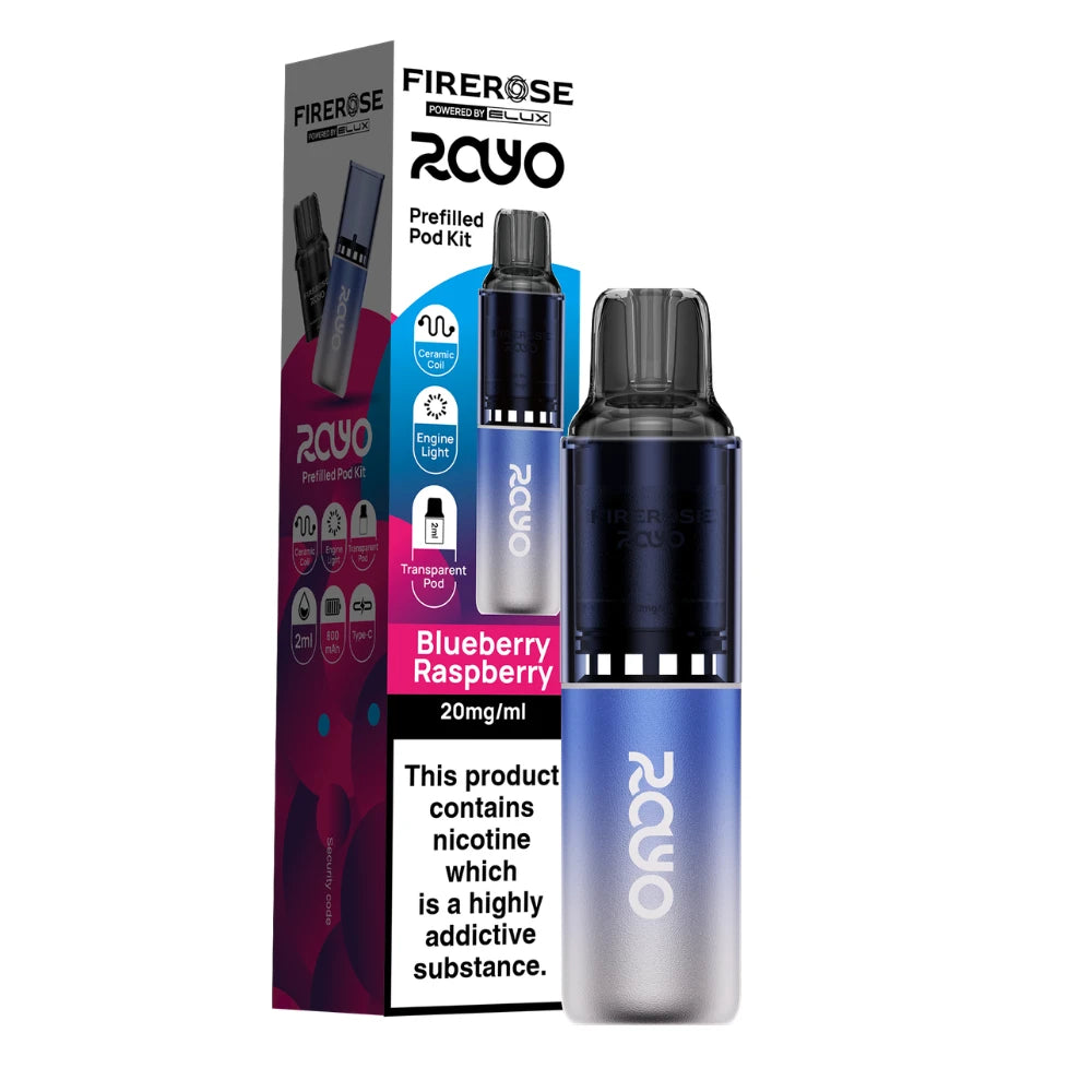 Elux Firerose Rayo vape kit in "Blueberry Raspberry" flavour beside colourful packaging on a white background.