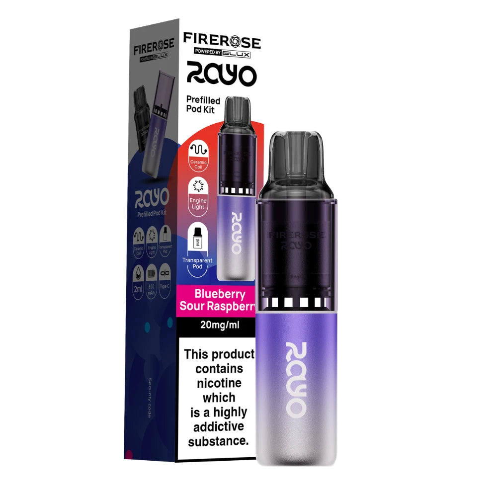 Elux Firerose Rayo vape kit in "Blueberry Sour Raspberry" flavour beside colourful packaging on a white background.