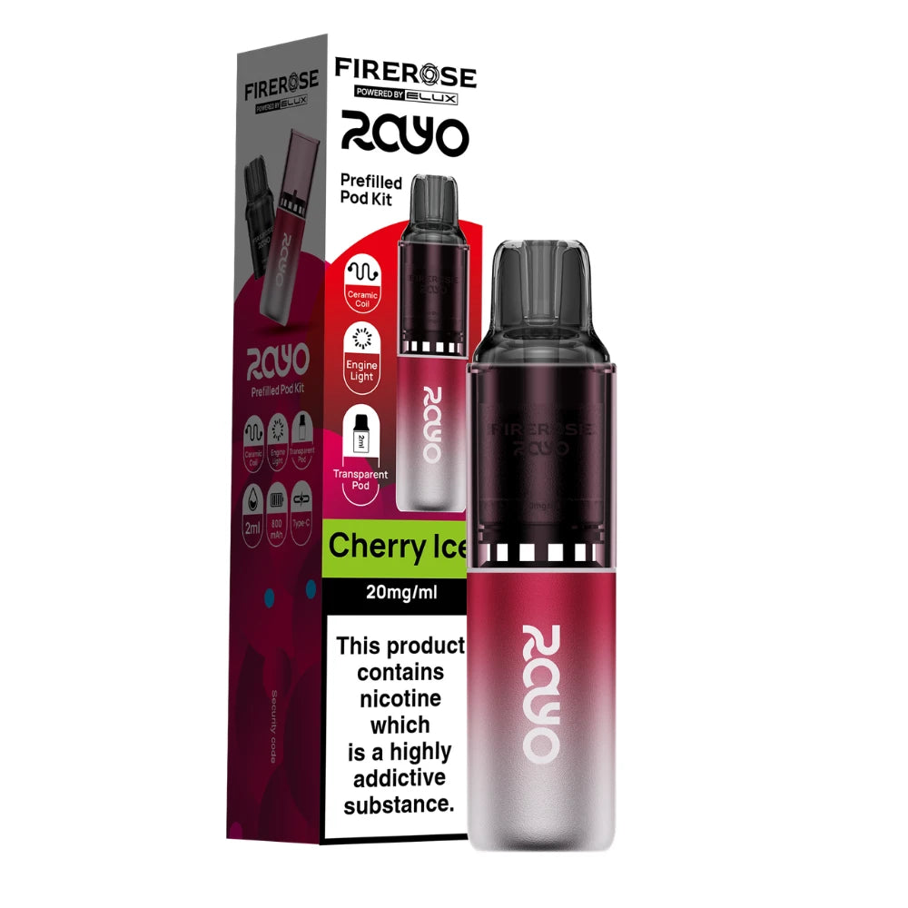 Elux Firerose Rayo vape kit in "Cherry Ice" flavour beside colourful packaging on a white background.
