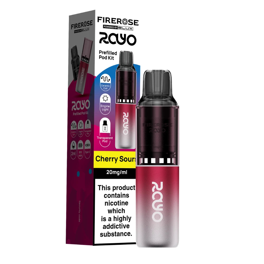 Elux Firerose Rayo vape kit in "Cherry Sours" flavour beside colourful packaging on a white background.