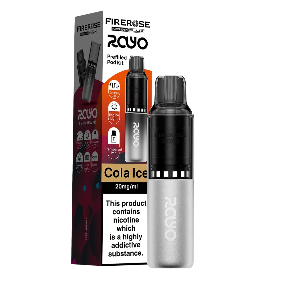 Elux Firerose Rayo vape kit in "Cola Ice" flavour beside colourful packaging on a white background.