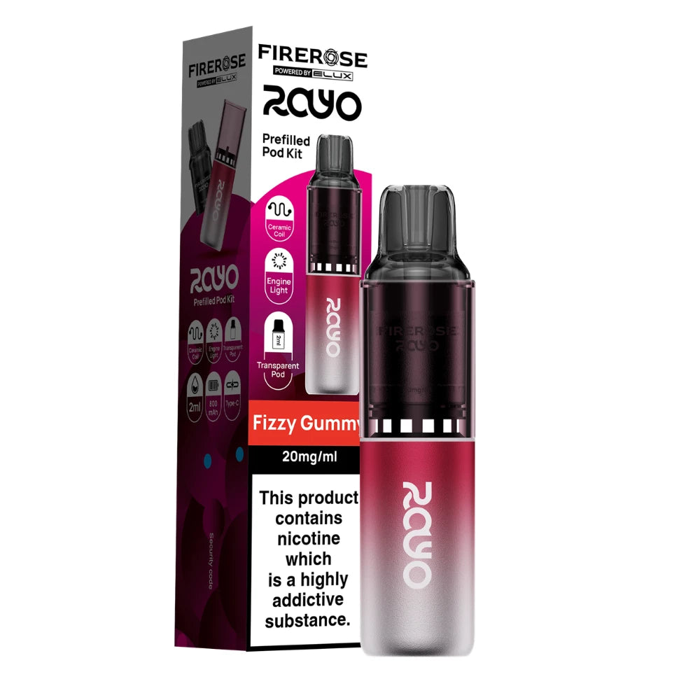 Elux Firerose Rayo vape kit in "Fizzy Gummy" flavour beside colourful packaging on a white background.