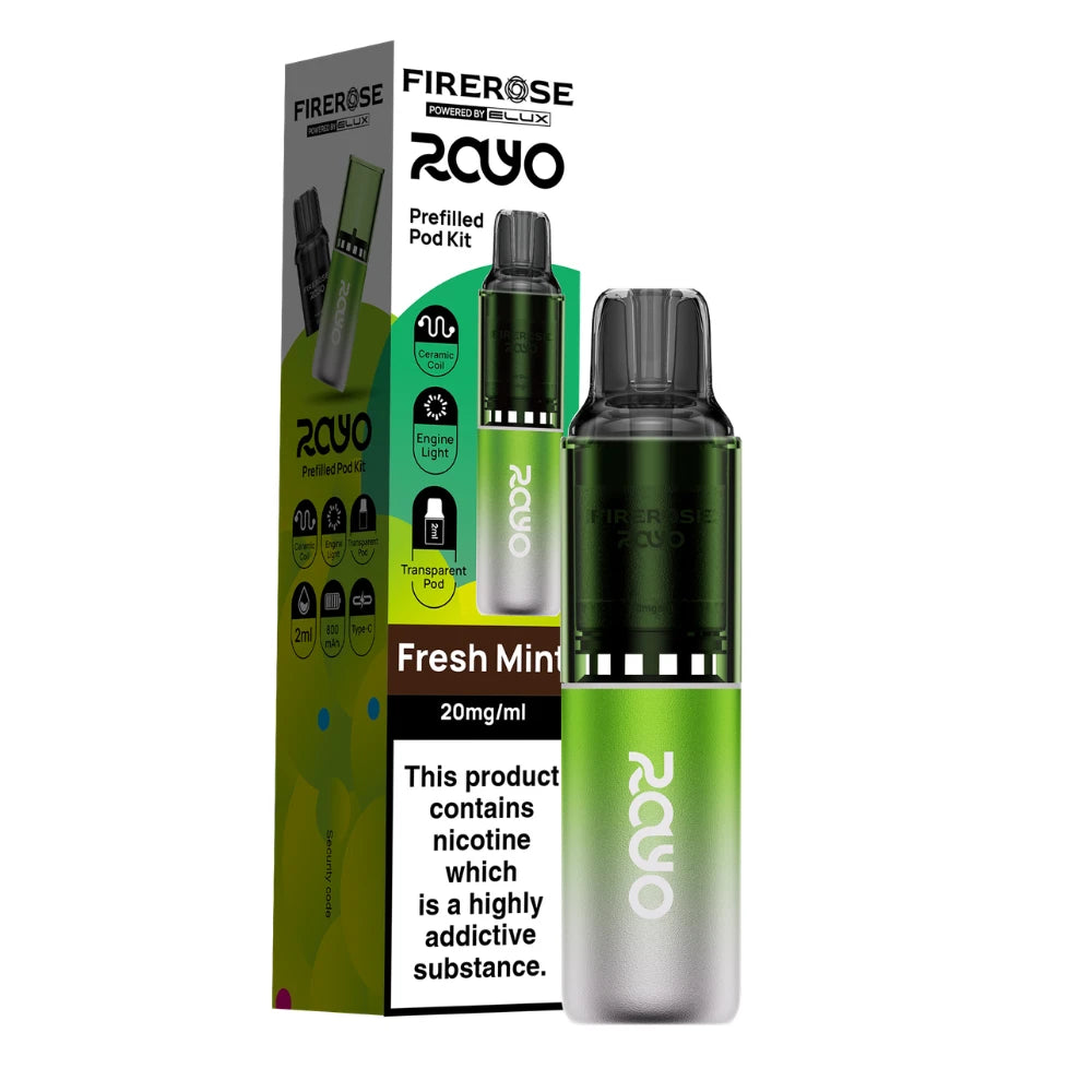 Elux Firerose Rayo vape kit in "Fresh Mint" flavour beside colourful packaging on a white background.