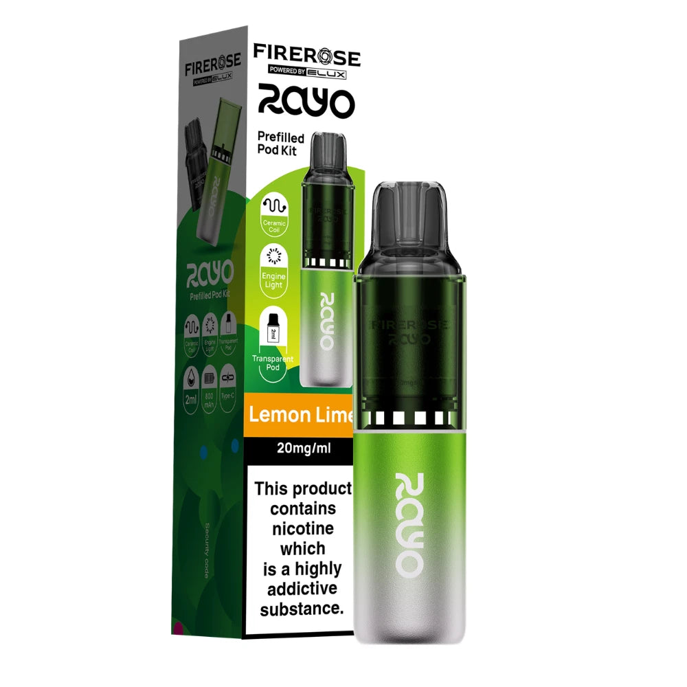 Elux Firerose Rayo vape kit in "Lemon Lime" flavour beside colourful packaging on a white background.