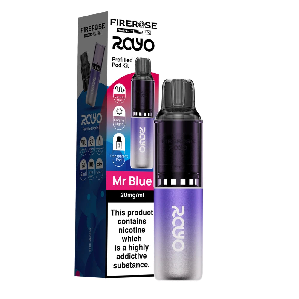 Elux Firerose Rayo vape kit in "Mr Blue" flavour beside colourful packaging on a white background.