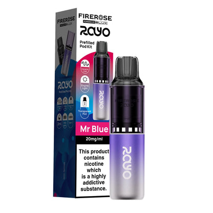 Elux Firerose Rayo vape kit in "Mr Blue" flavour beside colourful packaging on a white background.