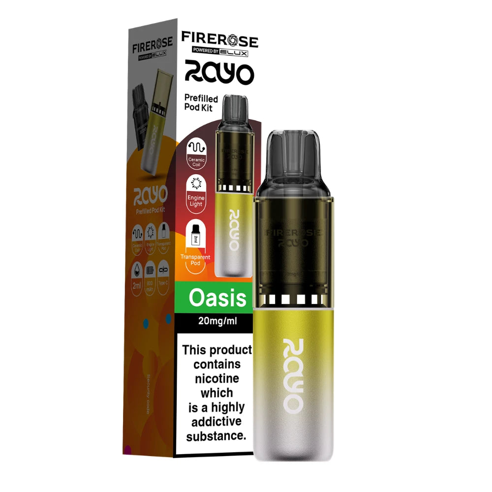 Elux Firerose Rayo vape kit in "Oasis" flavour beside colourful packaging on a white background.