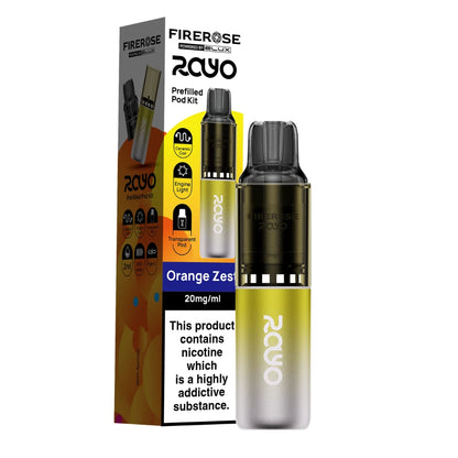 Elux Firerose Rayo vape kit in "Orange Zest" flavour beside colourful packaging on a white background.