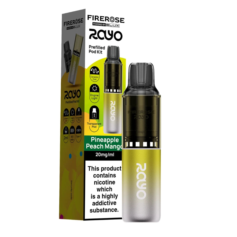 Elux Firerose Rayo vape kit in "Pineapple Peach Mango" flavour beside colourful packaging on a white background.