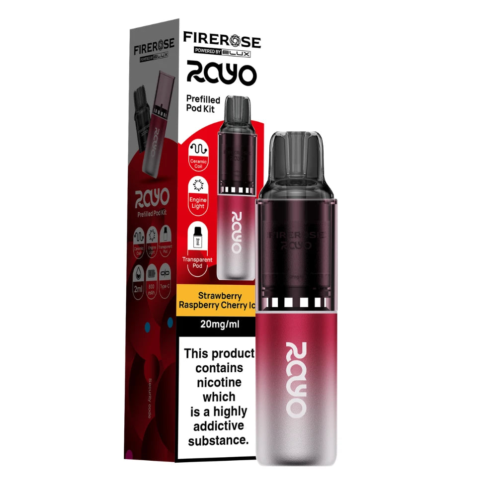 Elux Firerose Rayo vape kit in "Strawberry Raspberry Cherry Ice" flavour beside colourful packaging on a white background.