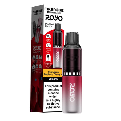 Elux Firerose Rayo vape kit in "Strawberry Raspberry Cherry Ice" flavour beside colourful packaging on a white background.