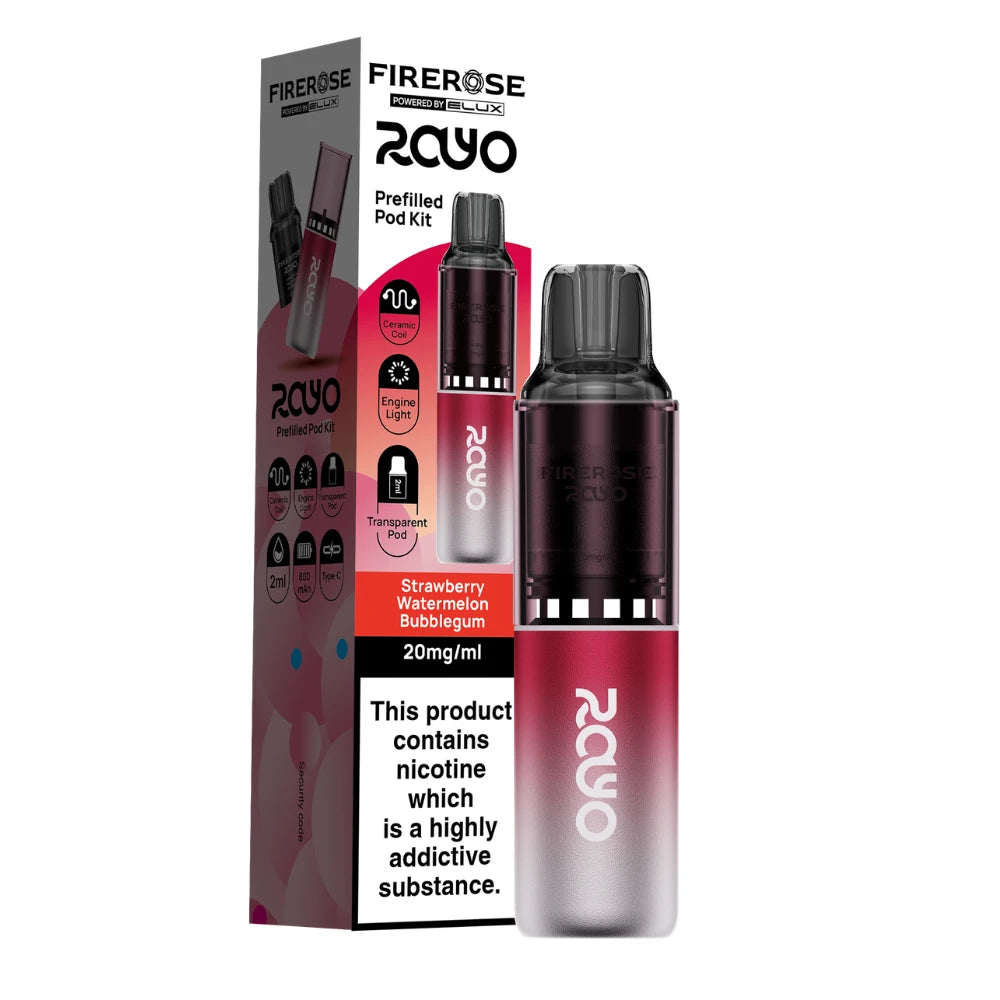 Elux Firerose Rayo vape kit in "Strawberry Watermelon Bubble Gum" flavour beside colourful packaging on a white background.