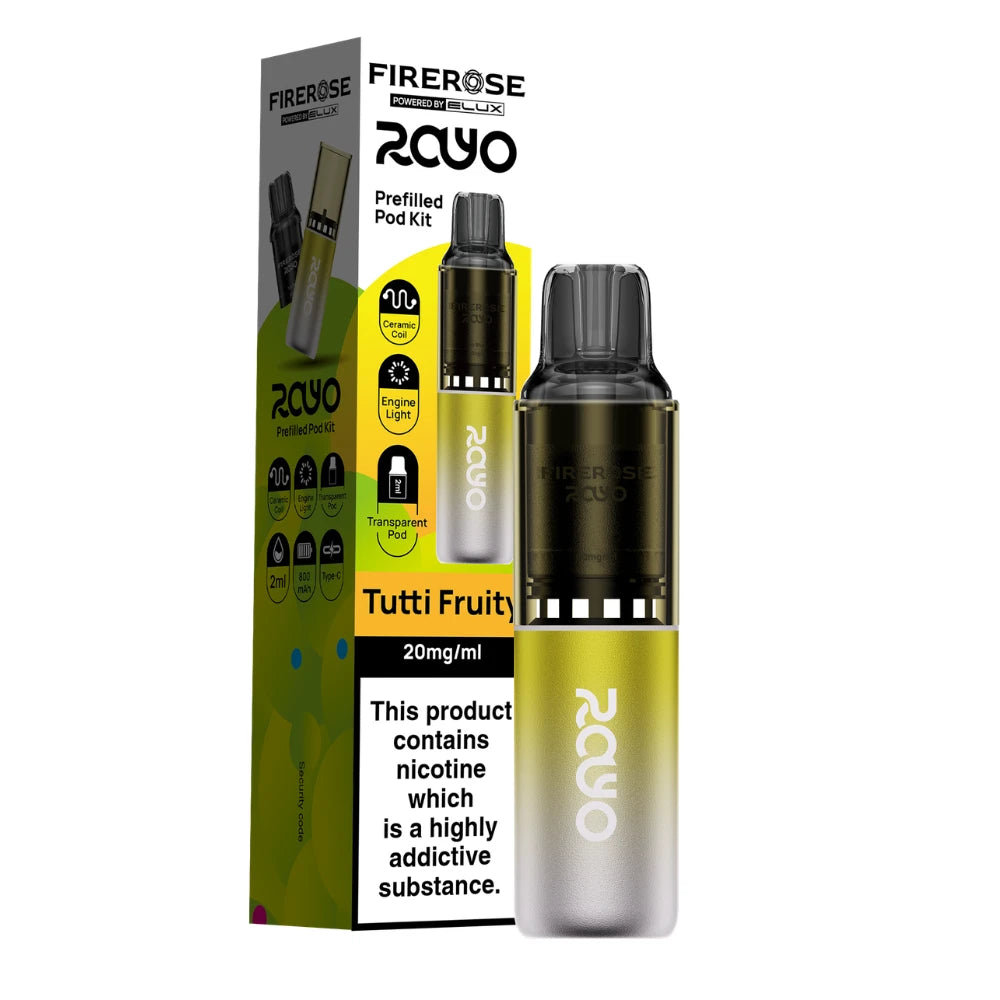 Elux Firerose Rayo vape kit in "Tutti Fruity" flavour beside colourful packaging on a white background.
