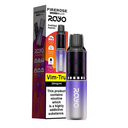 Elux Firerose Rayo vape kit in "Vim Tru" flavour beside colourful packaging on a white background.