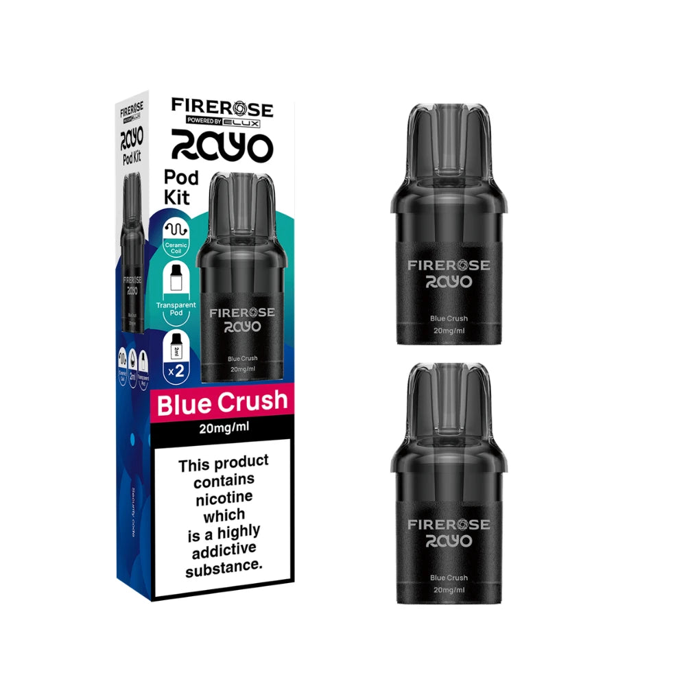 Two Elux Firerose Rayo refill pods in "Blue Crush" flavour beside colourful packaging on a white background.