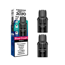 Two Elux Firerose Rayo refill pods in "Blue Crush" flavour beside colourful packaging on a white background.