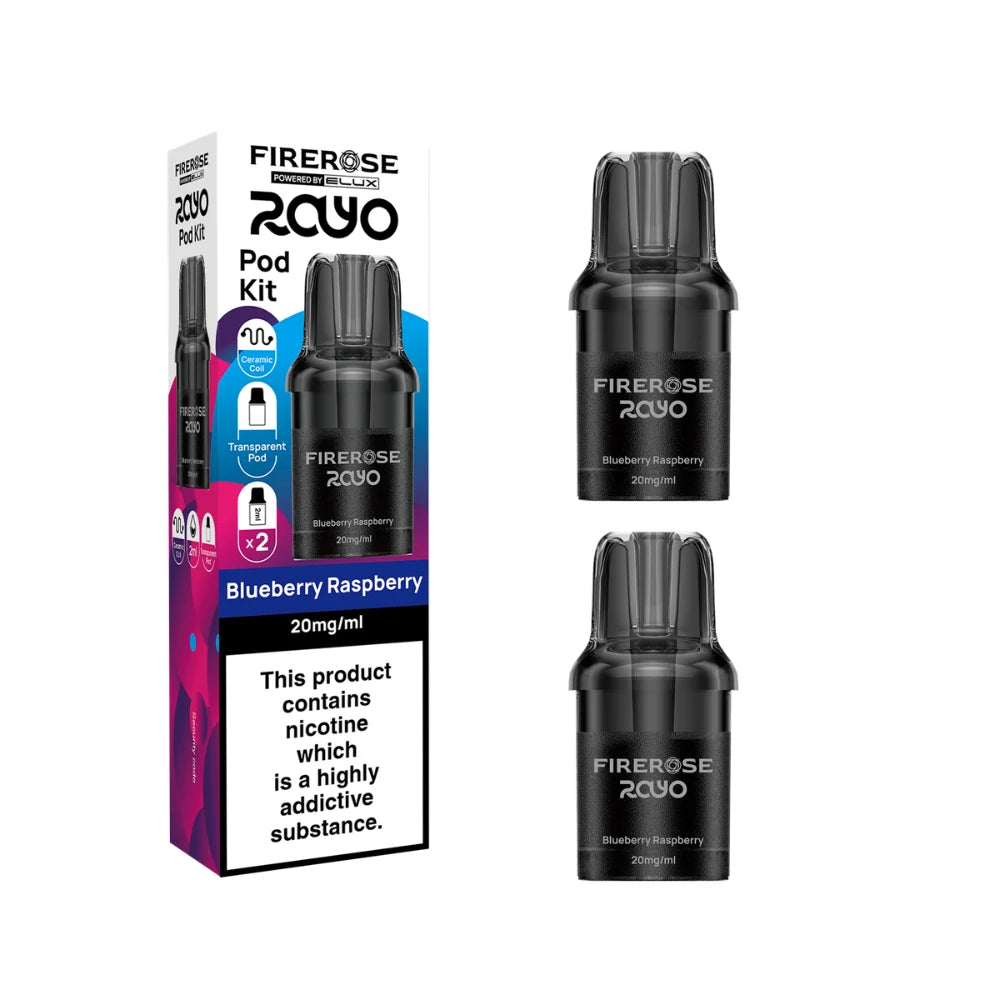 Two Elux Firerose Rayo refill pods in "Blueberry Raspberry" flavour beside colourful packaging on a white background.