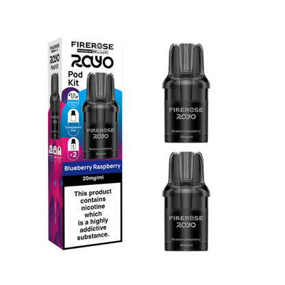 Two Elux Firerose Rayo refill pods in "Blueberry Raspberry" flavour beside colourful packaging on a white background.