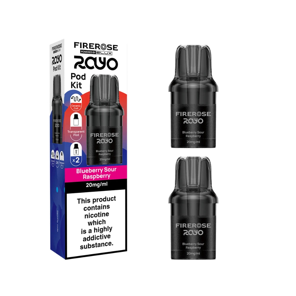 Two Elux Firerose Rayo refill pods in "Blueberry Sour Raspberry" flavour beside colourful packaging on a white background.