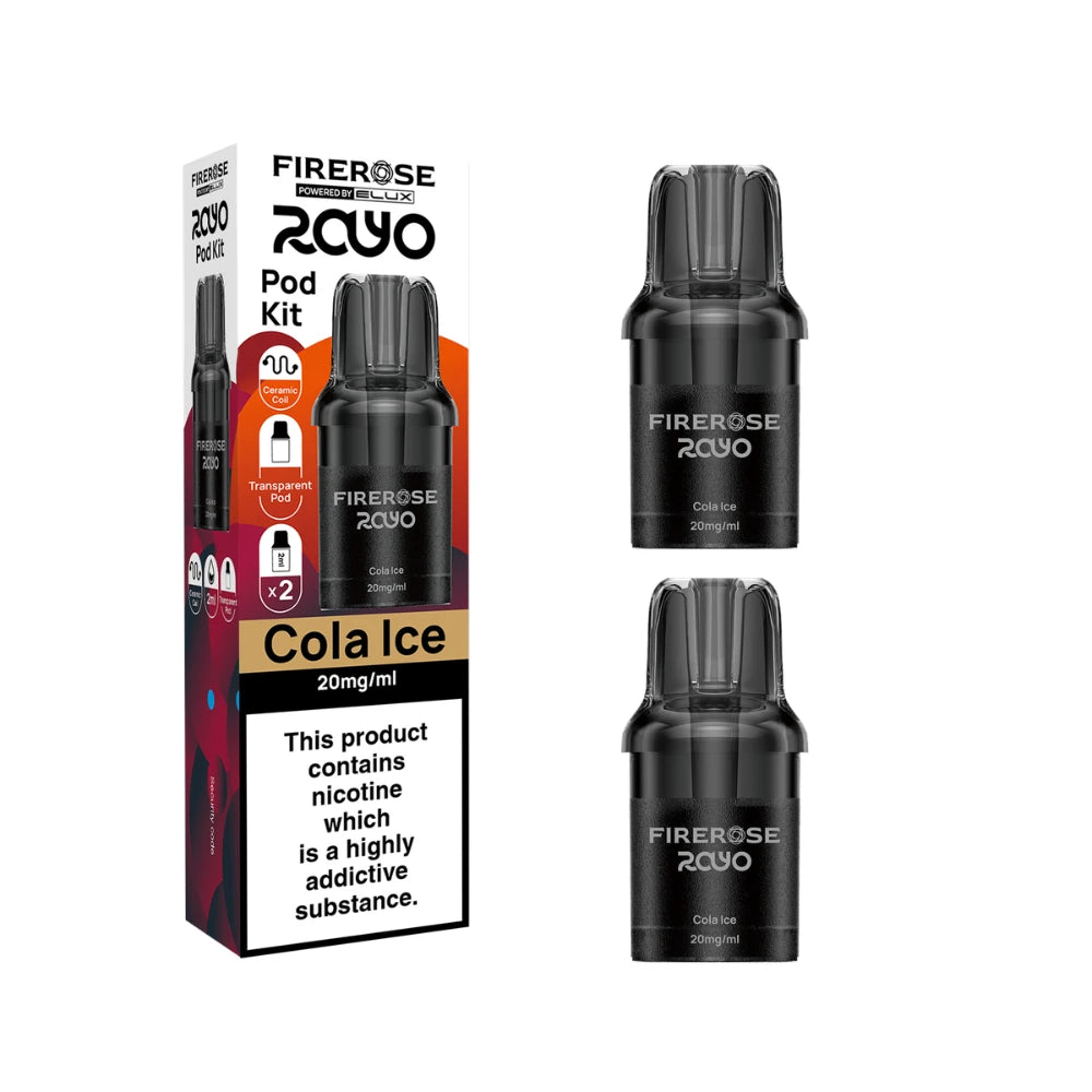 Two Elux Firerose Rayo refill pods in "Cola Ice" flavour beside colourful packaging on a white background.