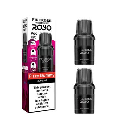 Two Elux Firerose Rayo refill pods in "Fizzy Gummy" flavour beside colourful packaging on a white background.