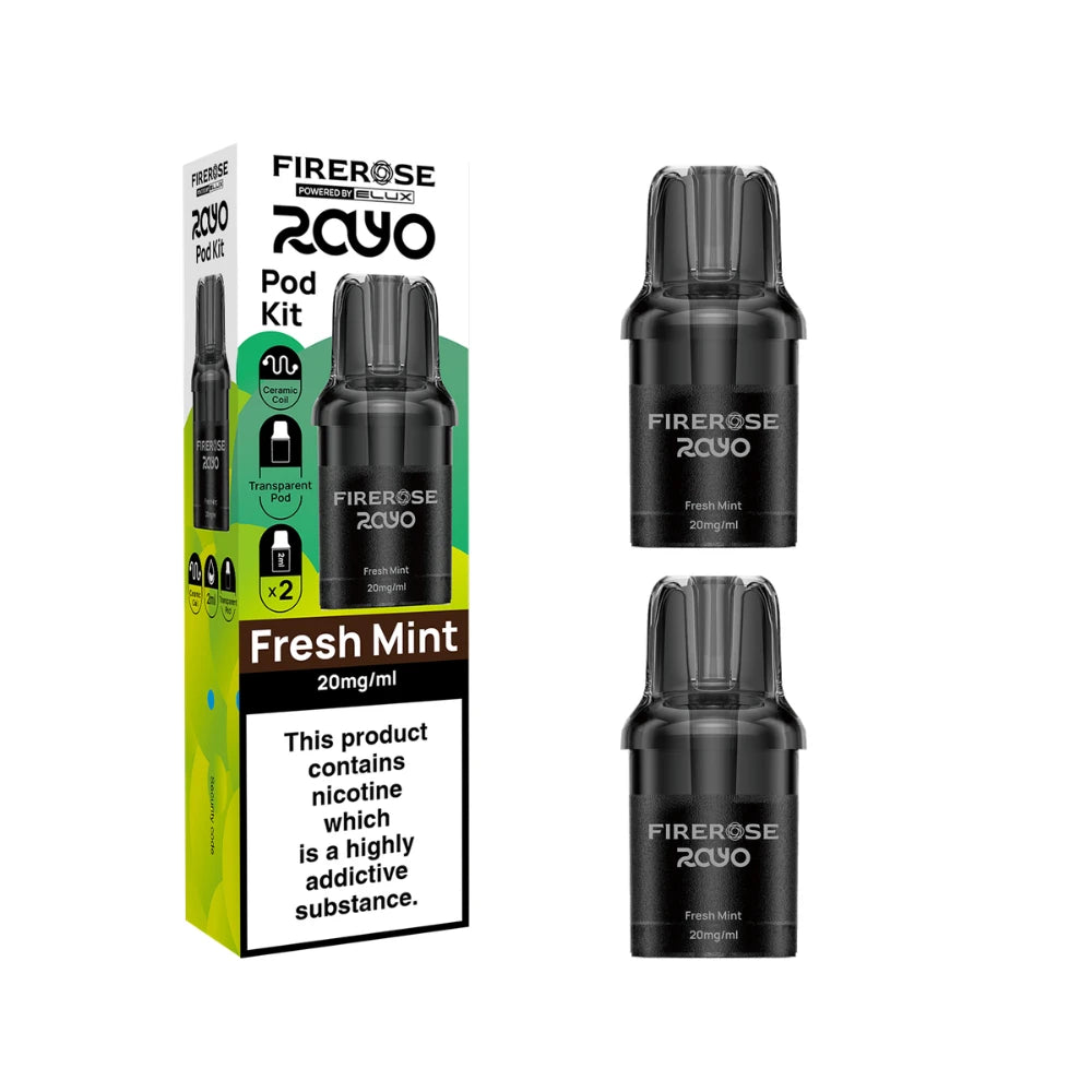 Two Elux Firerose Rayo refill pods in "Fresh Mint" flavour beside colourful packaging on a white background.