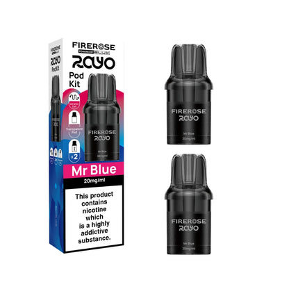 Two Elux Firerose Rayo refill pods in "Mr Blue" flavour beside colourful packaging on a white background.