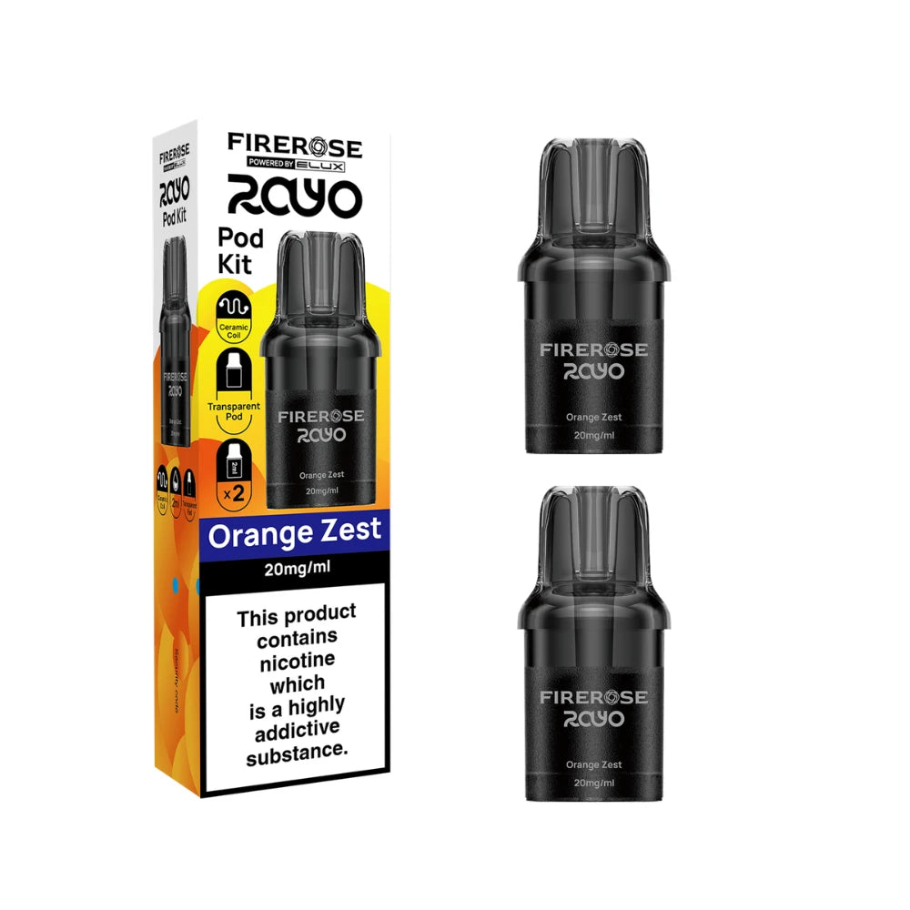 Two Elux Firerose Rayo refill pods in "Orange Zest" flavour beside colourful packaging on a white background.