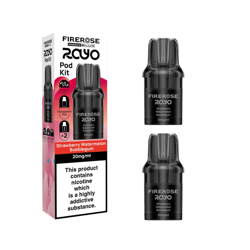 Two Elux Firerose Rayo refill pods in "Strawberry Watermelon Bubble Gum" flavour beside colourful packaging on a white background.