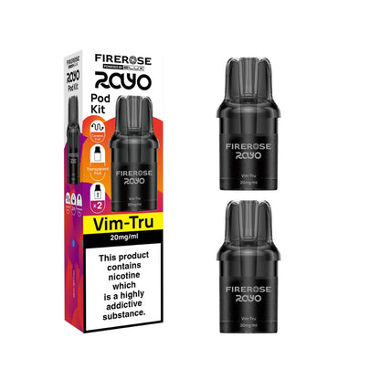 Two Elux Firerose Rayo refill pods in "vim Tru" flavour beside colourful packaging on a white background.
