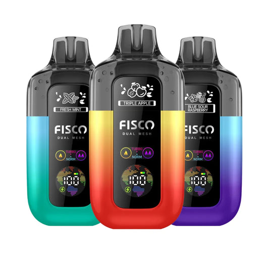 Three Fisco vape devices in different colors on a white background