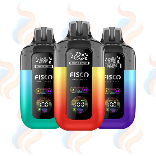 Three Fisco vape devices in different colours with digital displays on a white background.