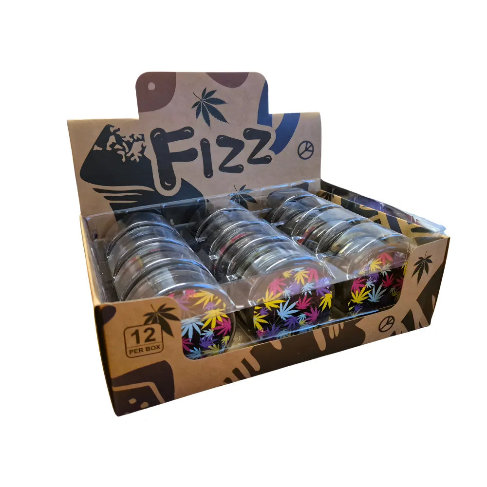 Box of 12 'Fizz' grinders with clear containers and colourful labels on a white background