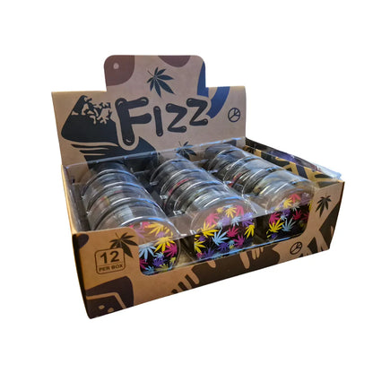 Box of 12 'Fizz' grinders with clear containers and colourful labels on a white background