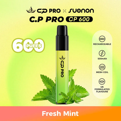 Suonon x CP Pro CP600 vape device with fresh mint flavour on a colourful gradient background